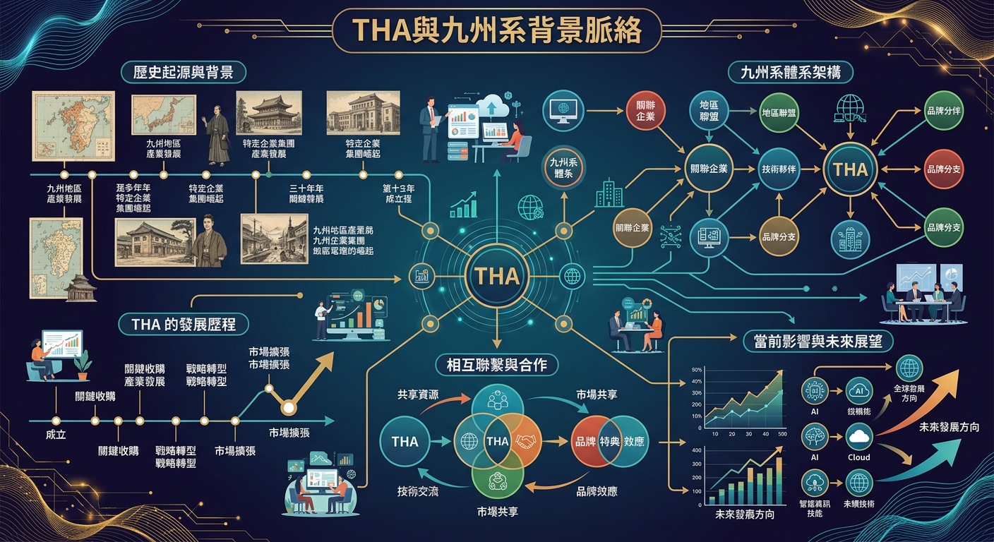 該圖片為「THA與九州系背景脈絡」的結構化資訊圖表,以心智圖與流程圖形式呈現。 畫面詳細梳理了歷史起源、體系架構、發展進程與未來展望等多維度的關聯數據。