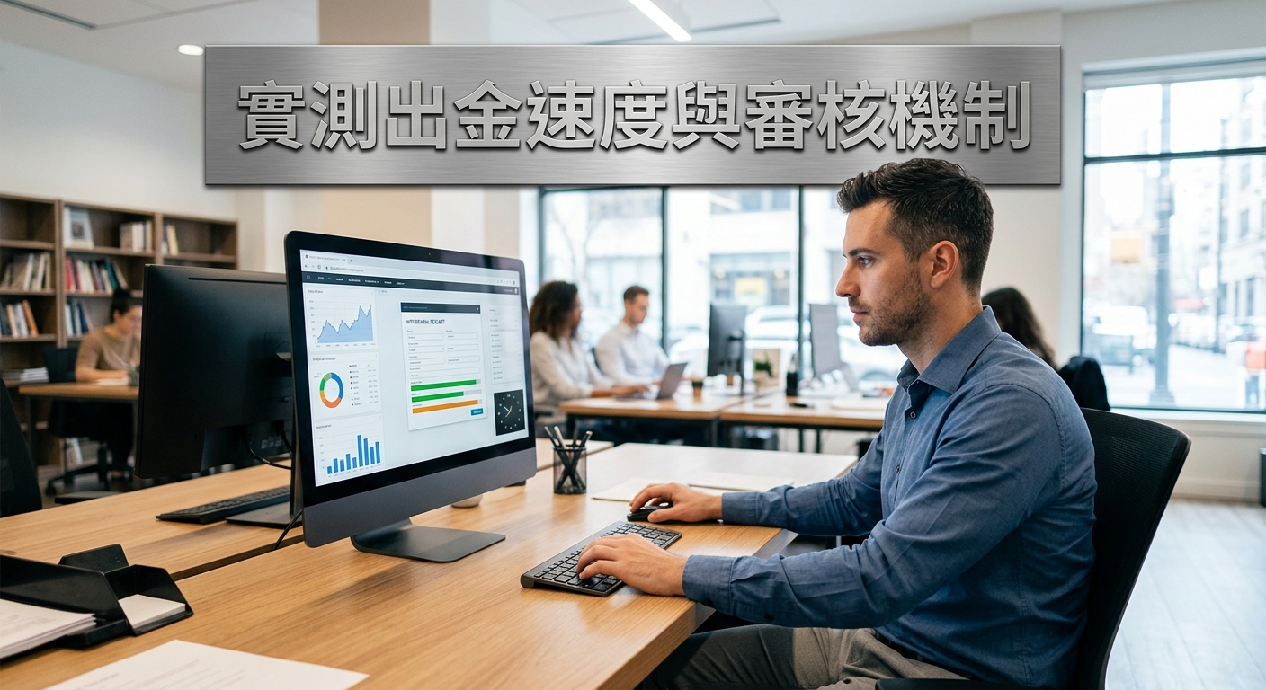 這張圖片展示了一位男士在現代化辦公室內專注地使用電腦,螢幕上呈現著數據圖表與分析頁面。 上方橫幅醒目地標示著主題「實測出金速度與審核機制」,展現出專業且嚴謹的審查與測試氛圍。